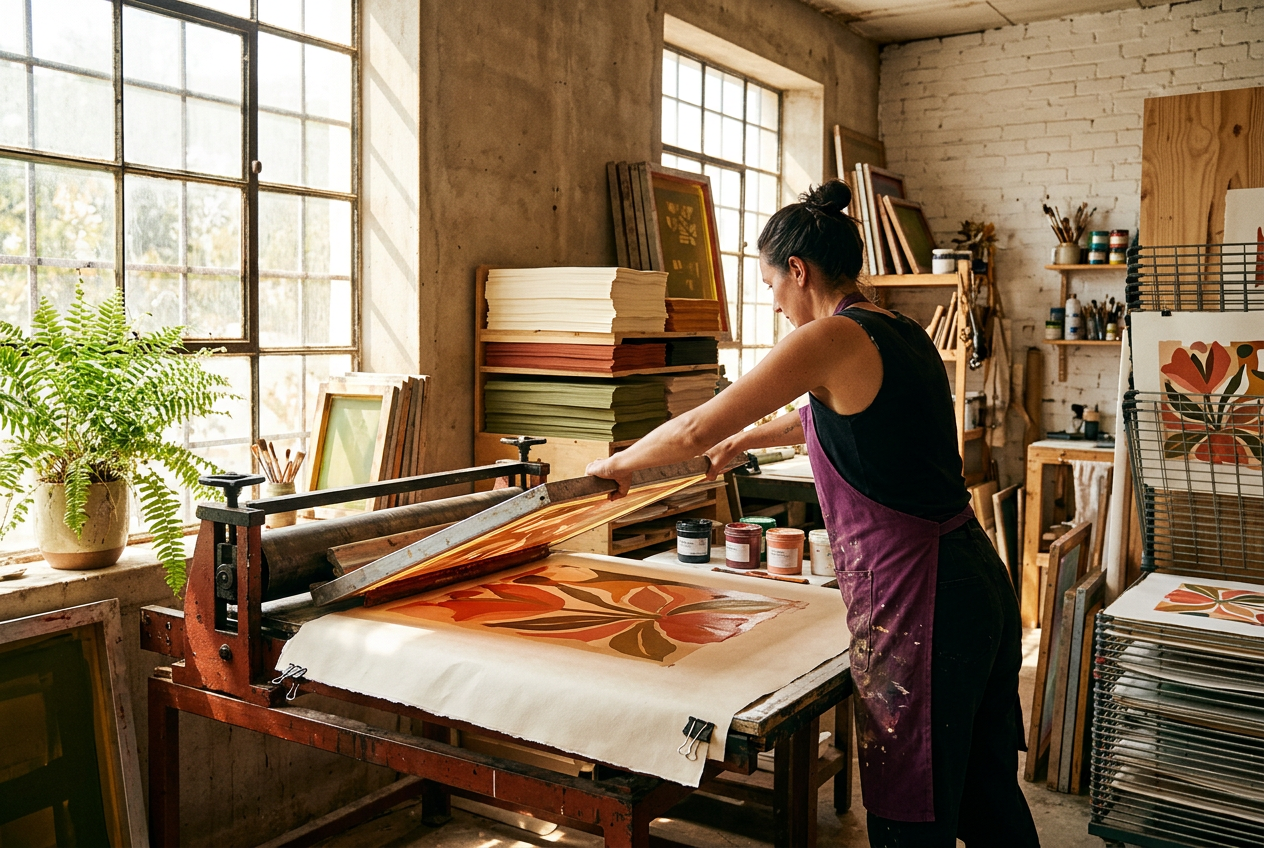 A designer screen-printing a bold abstract artwork in a sunlit studio