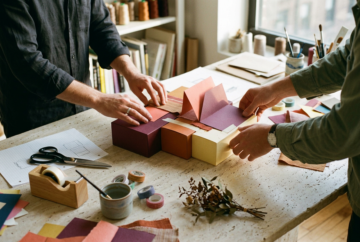 Creative hands composing a tactile identity system from plum and warm-cream packaging